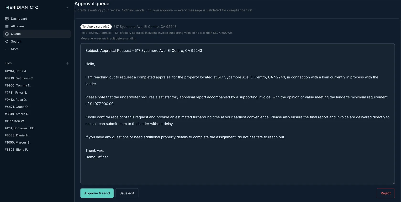 Meridian CTC approval queue: an AI-drafted appraisal request email waiting for the loan officer to review, edit, approve and send, or reject